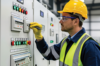 Worker inspecting an electrical control panel while wearing safety gear